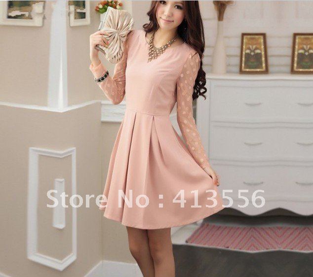 Free Shipping   2012 autumn and winter the new wave point stitching Network yarn long-sleeved ladies dress female   b158 ow