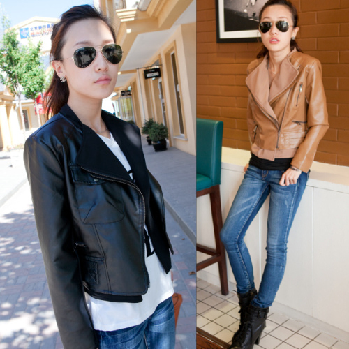 Free Shipping 2012 autumn and winter women fashion handsome faux two piece slim punk motorcycle leather clothing outerwear