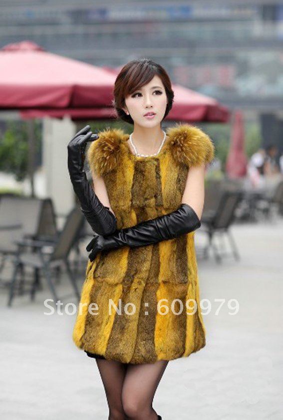 Free shipping 2012 Autumn and Winter Women Fashion Rabbit Fur with Racoon Dog Vest Fur Coat Medium-long Vest FRR0151