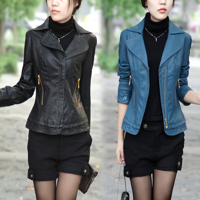 free shipping,2012 autumn and winter women's leather clothing slim zipper plus size PU leather jacket,women outerwear coat