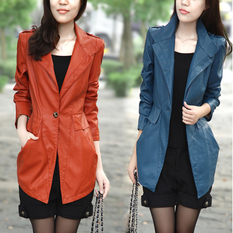 Free Shipping, 2012 autumn and winter women slim medium-long PU water washed leather clothing suit female plus size outerwear