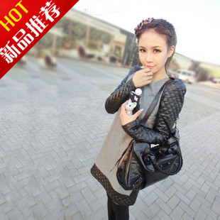 Free shipping 2012 autumn and winter woolen one-piece dress patchwork leather shoulder pads small long-sleeve clothing