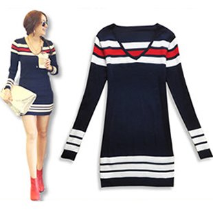 Free shipping-2012 autumn best color V-neck striped long-sleeve ladies' pullover sweater  knit dress knitwear-