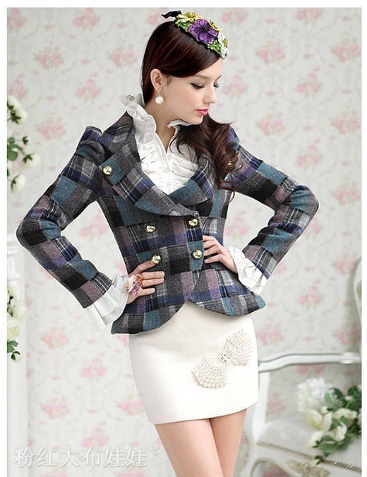 free shipping 2012 autumn blue plaid elegant slim double breasted women's suit jacket