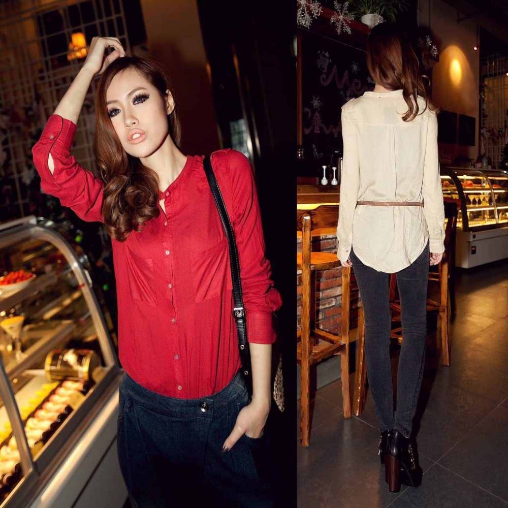 Free Shipping 2012 autumn elegant shirt stand collar casual long sleeve shirts female blouses MM1301 Red, Apricot