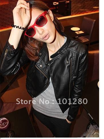 FREE SHIPPING  2012 autumn excellent fashion motorcycle leather clothing female short design PU leather clothing