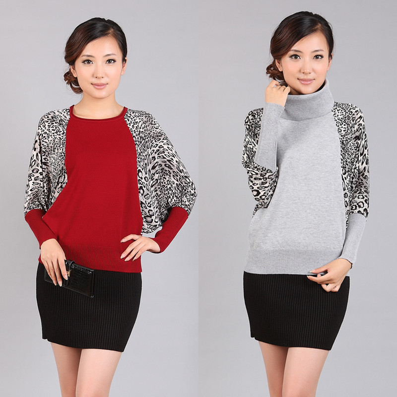 free shipping 2012 autumn fashion women's leopard print long-sleeve batwing shirt basic shirt sweater