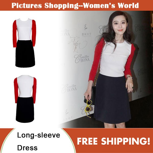 Free shipping!2012 autumn fashion women's Long Sleeve O-Neck ladies red&white&black color block caual slim dresses #8632