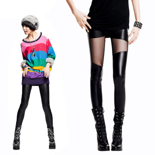 Free shipping 2012 autumn faux leather patchwork legging female trousers gauze patchwork pencil pants