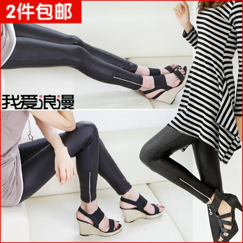 Free Shipping 2012 autumn faux leather zipper ankle length trousers legging female black skinny pants ultra elastic