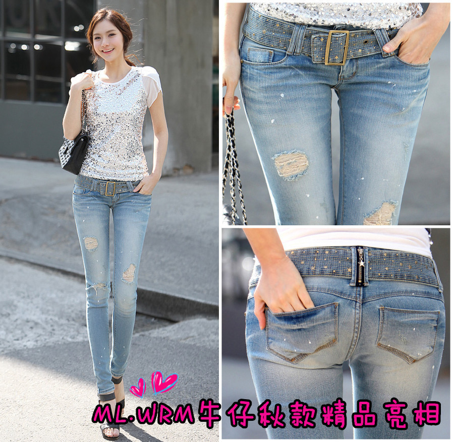 Free shipping 2012 autumn female pencil pants hole skinny pants ultra elastic denim trousers  Appear thin wome's jeans