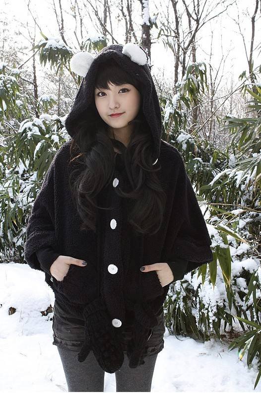 Free shipping 2012 Autumn fluffy cute panda ears batwing coat cloak woman N-2F-B11-2-5348D