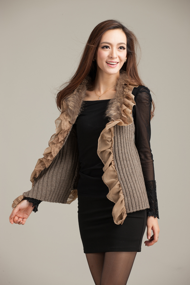 Free Shipping 2012 autumn fur collar chiffon laciness cardigan sweater female