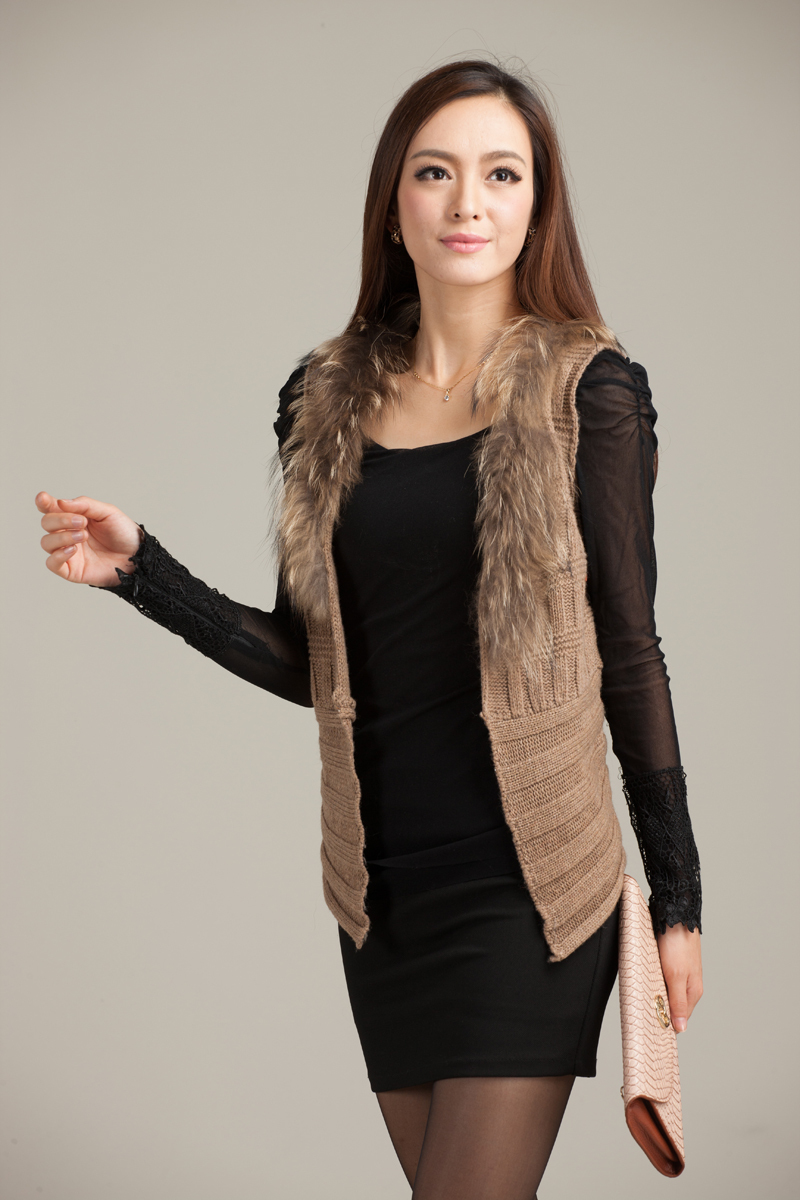 Free Shipping 2012 autumn fur collar woven vest cardigan female