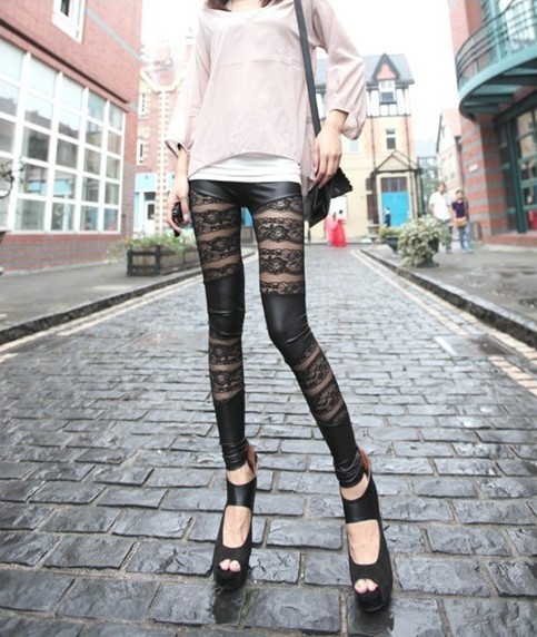 Free Shipping 2012 autumn givlie lace faux leather patchwork trousers fashion sexy ankle length legging female sexy