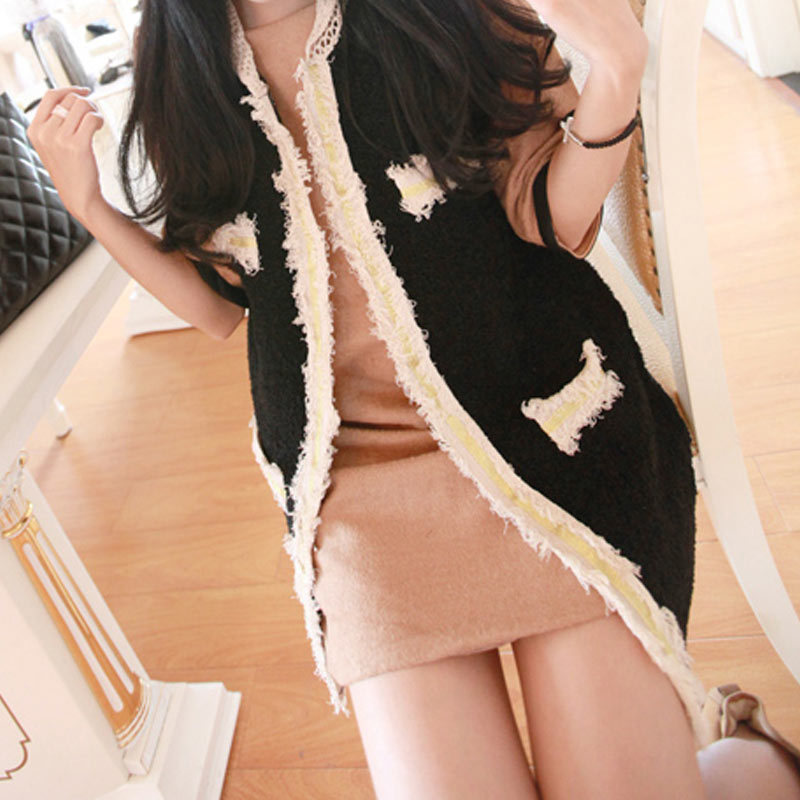 Free Shipping 2012 autumn gold tassel with a hood yarn knitted small vest top female 3043