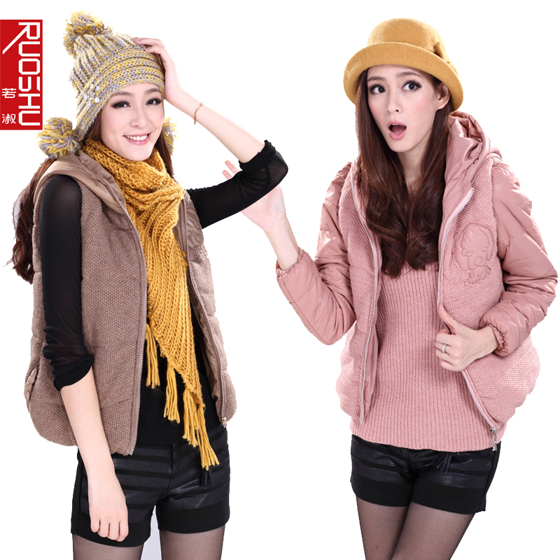 Free Shipping 2012 autumn hooded with a hood thick yarn leather material patchwork vest female