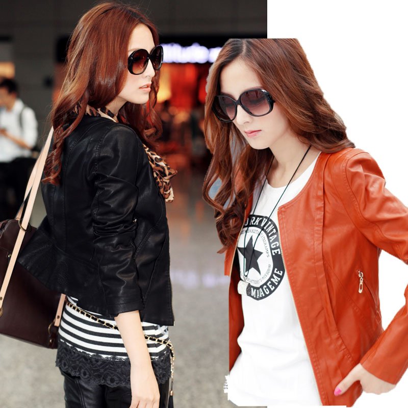 Free Shipping! 2012 Autumn Korean Style Zip Up Bomber Water Wash Short Slim Leather Jacket For Women B06666#