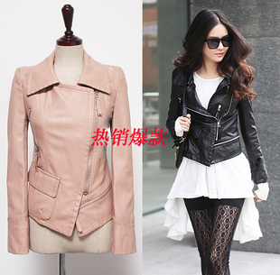 Free shipping 2012 autumn motorcycle classic oblique zipper women's PU clothing outerwear women's PU clothing short jacket