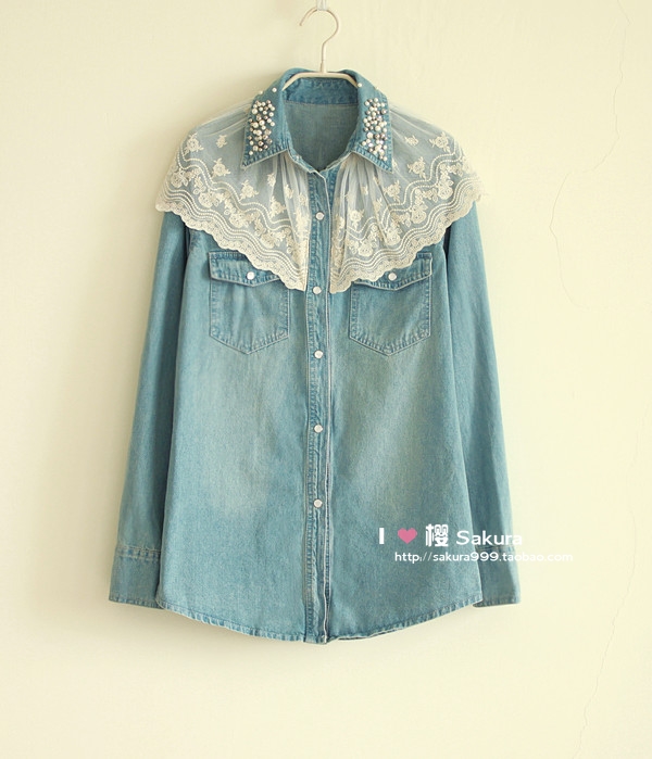 free shipping, 2012 autumn new arrival beauty lace beaded thick denim shirt