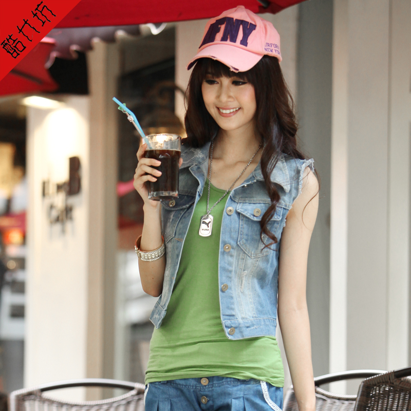 free shipping 2012 autumn new arrival fashion plus size denim vest female sleeveless hole vest top