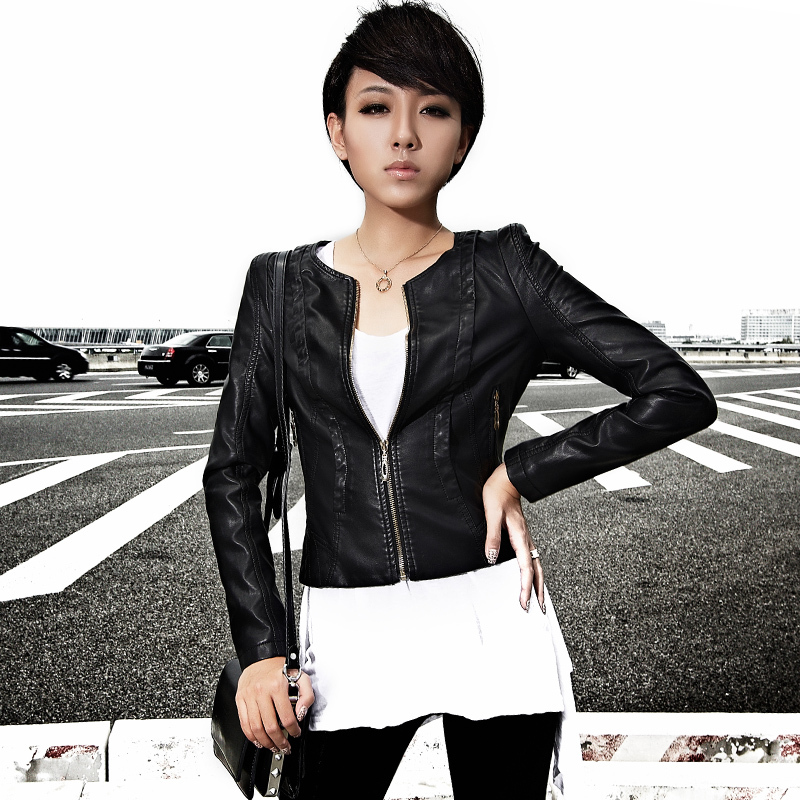 free shipping 2012 autumn new arrival female short design slim water washed leather clothing PU jacket o-neck outerwear 21g3714