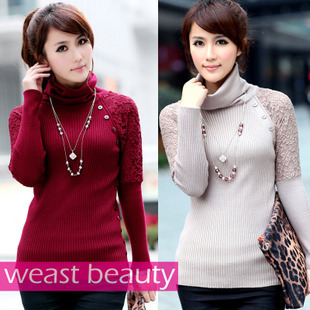 Free shipping, 2012 autumn new arrival lace long-sleeve turtleneck pullover loose batwing sleeve sweater basic