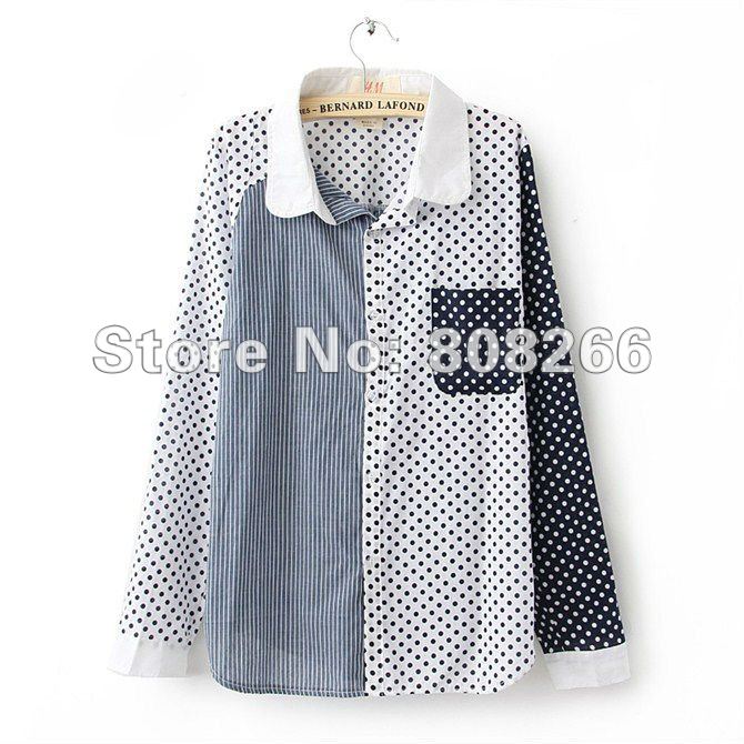 free shipping 2012 autumn new fashion patchwork dot women shirts hot long sleeve shirt