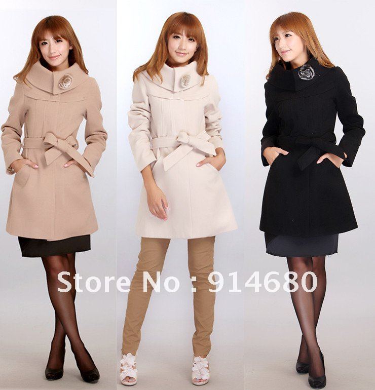 Free shipping!2012 Autumn New Style Cultivate one's morality Woolen coat (with corsage) Wholesale Price M L size Two colors