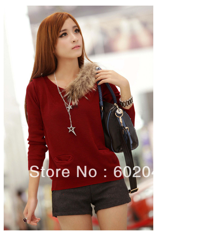 Free shipping 2012 autumn new unilateral fox wool V collar leisure long sleeve female paragraph sweater