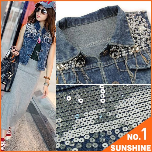 Free Shipping 2012 Autumn New Women Fashion Sequins Beading Jackets Denim Vest Cowboy Outerwear Lady Vest Outfits SD01