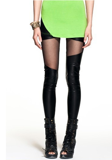 Free shipping 2012 autumn paragraph Personalized female gauze faux leather irregular patchwork tight legging