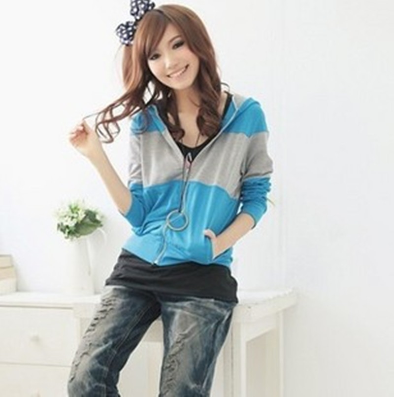 Free shipping ! 2012 autumn plus size clothing casual stripe cardigan with a hood sweatshirt spring and autumn short jacket