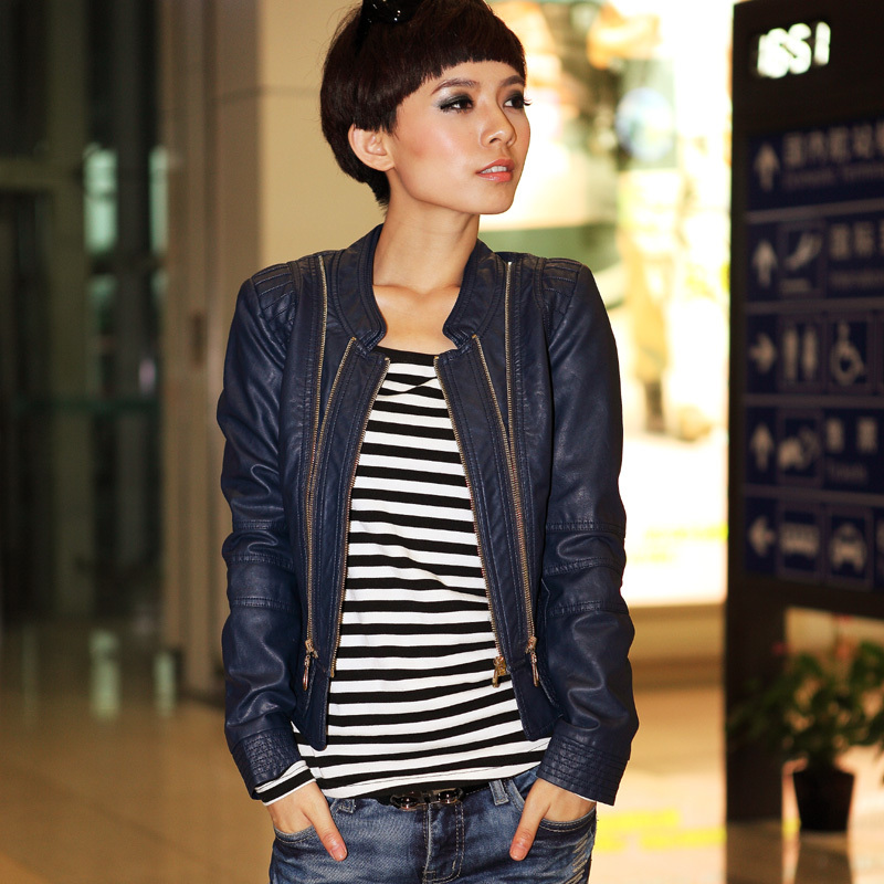 free shipping 2012 autumn stand collar women's jacket leather clothing slim small leather clothing short design women's