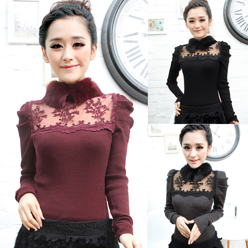 Free shipping 2012 Autumn/winter all-match fur sweater lace fress slim long-sleeve sweaters women