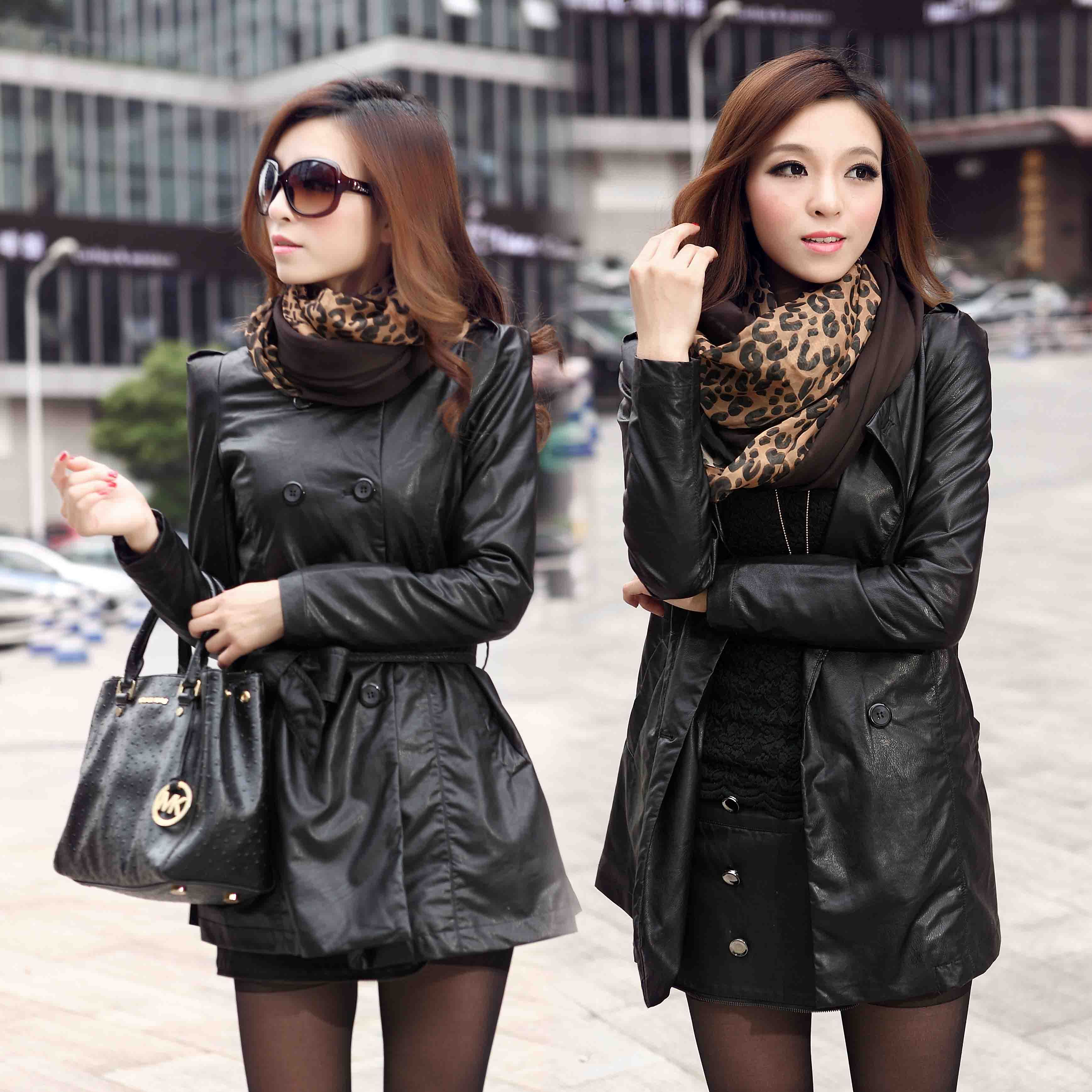 Free shipping 2012 autumn&winter black leather coat for woman, casual leather trench coat /windbreaker, size M, L, XL