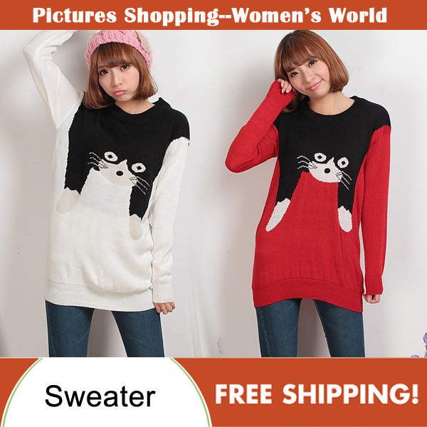 Free shipping!2012 autumn/winter fashion women long sleeve knit cat pattern color block novelty long loose knitted sweater