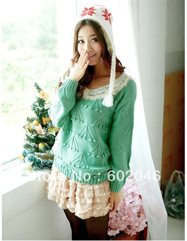 FREE SHIPPING 2012 AUTUMN WINTER KOREAN NEW BUD SILK SPLICING COLLARS LONG SLEEVE AND PURE AND FRESH GREEN SWEATER