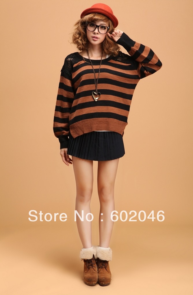 FREE SHIPPING 2012 AUTUMN WINTER NEW KOREAN FASHION SWEET LACE STITCHING STRIPE LANTERN SLEEVE SWEATER