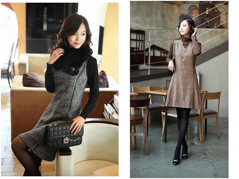 free shipping~2012 autumn+winter Newest Fashion  plaid Woollen Dress plus big size S--3XL 12D1