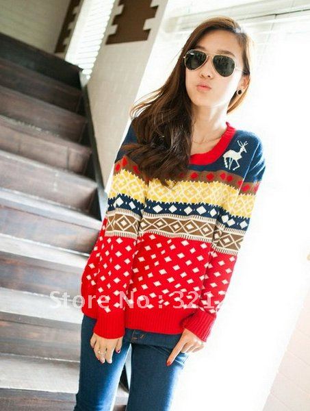 Free Shipping 2012 Autumn Winter Women Diamond Check Christmas Deer Colour Loose Long Sleeve Pullover Sweater J-WMY008