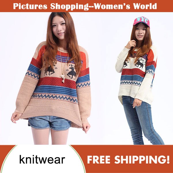 Free shipping! 2012 autumn/winter women fashion long sleeve tops color block deer knitted sweater wool loose knitwear #2039