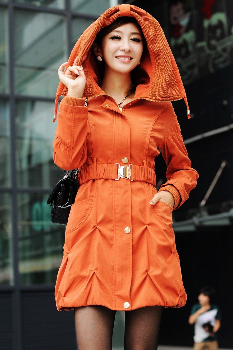 Free shipping 2012 autumn &winter womens ladies' trench coat hooded with belt, Amy green/Khaki/Orange colors size M, L, XL, XXL