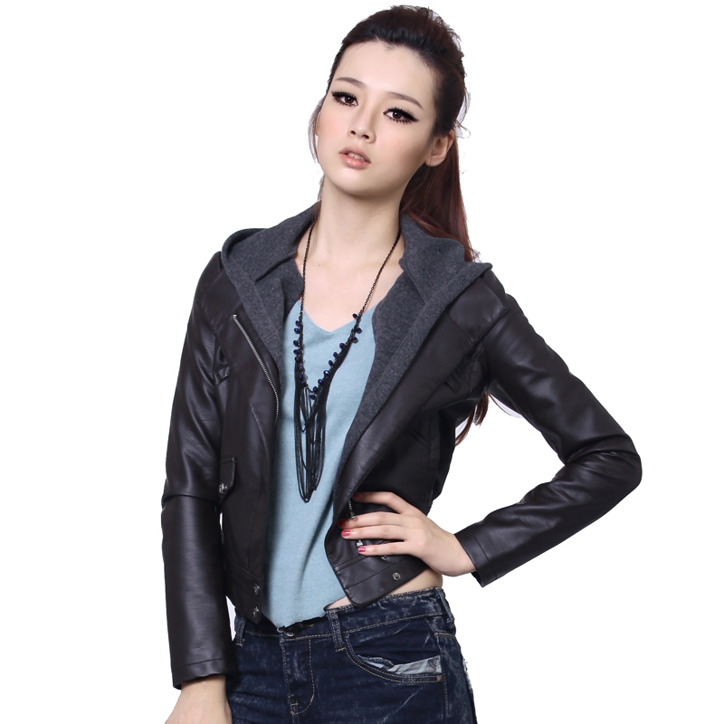 Free Shipping! 2012 Autumn Women Coffee Slim Short Leather Jackets With A Hood For Women B06738#