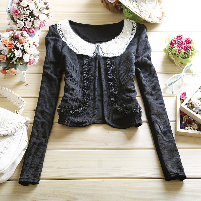 Free Shipping! 2012 Autumn Women Crochet Handmade Beaded Ruffles Lace Peter Pan Collar Long-Sleeve Cardigan Jacket Cape B06786#