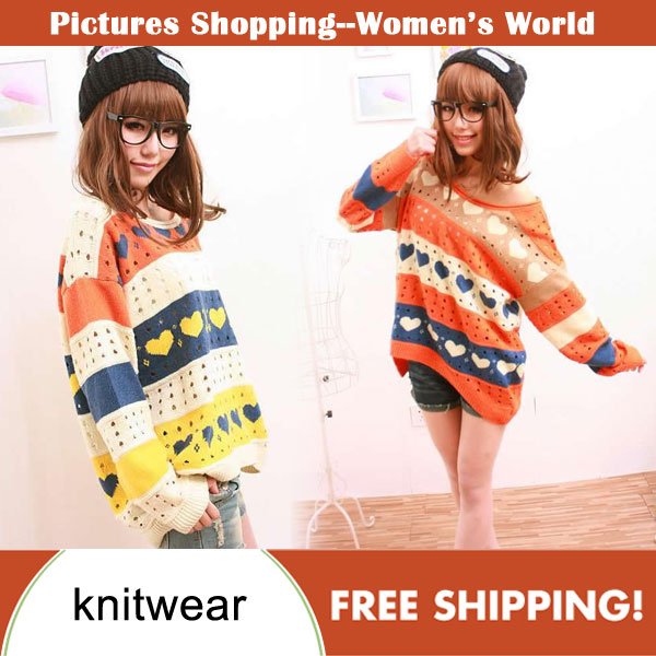 Free shipping!2012 autumn women fashion cute hollow out heart design color block knitwear loose knitted sweater F5228