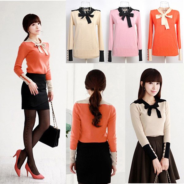 Free Shipping 2012 autumn women fashion long sleeve blouses sweet bow decoration knitted basic shirt S2514 Pink, Orange, Apricot