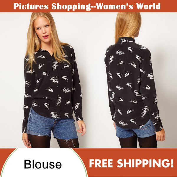 Free shipping! 2012 autumn women fashion long sleeve shirts casual white bird print black slim ladies blouse  A072