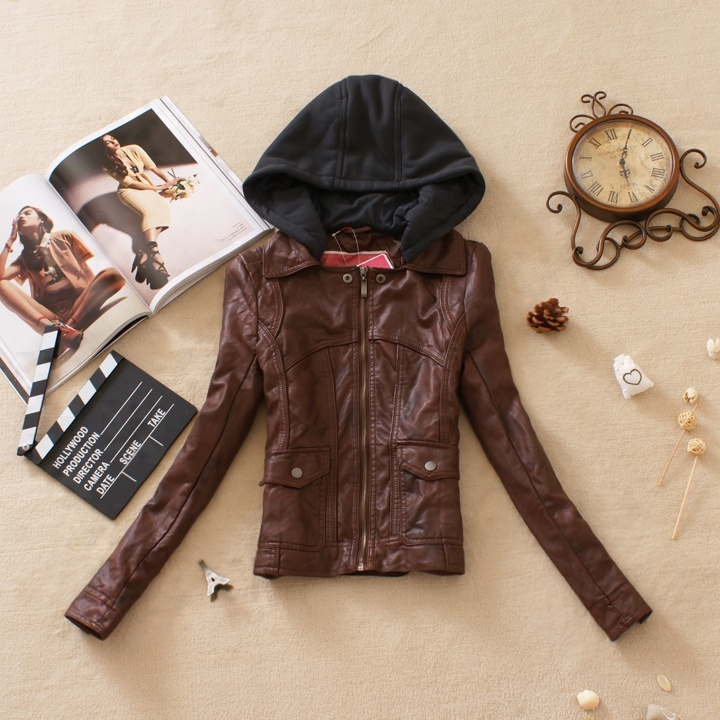 free shipping 2012 autumn women's cool casual with a hood short design slim PU water washed leather small leather clothing