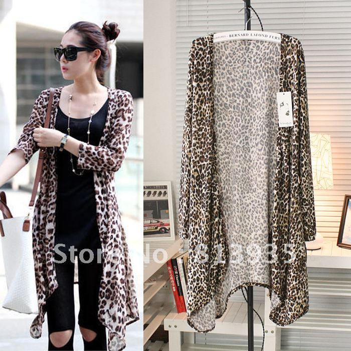 Free Shipping 2012 autumn women's fashion leopard print irregular long design sunscreen trench leopard print cardigan